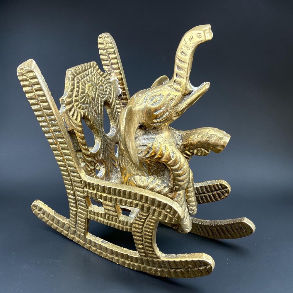 Vintage Brass Elephant in Rocking Chair Figurine Trunk Up Good Luck Decor 4in